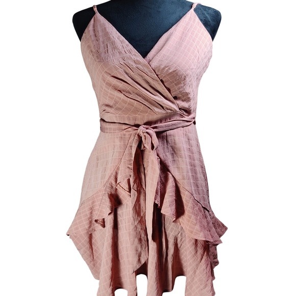 Trixxi Dresses & Skirts - Trixxi Pink Plaid Ruffle Wrap Dress Spaghetti Strap V Neck Tie Waist feminine